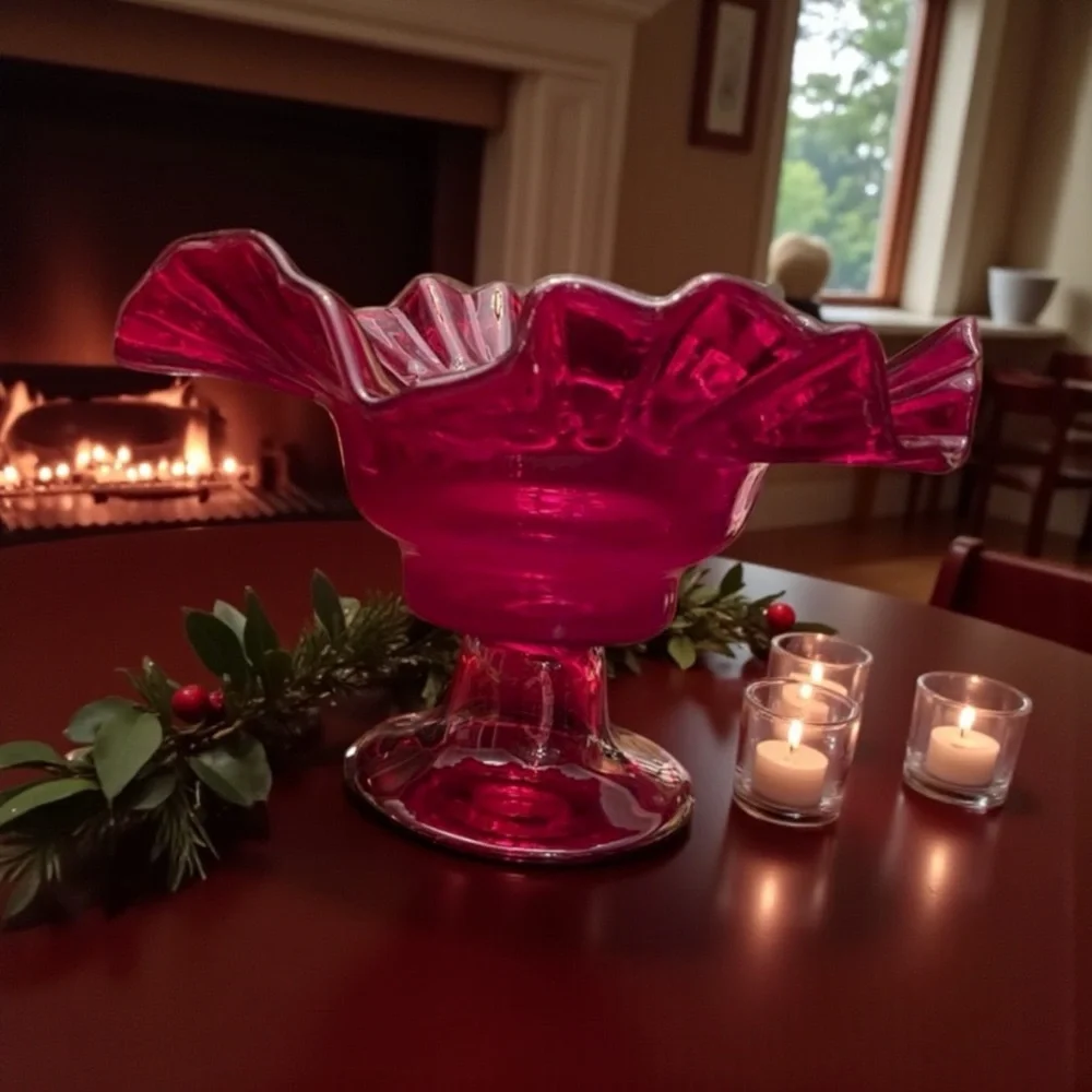 Vintage Fenton Ruby Red Thumbprint Glass Compote Ruffled Candy Dish
